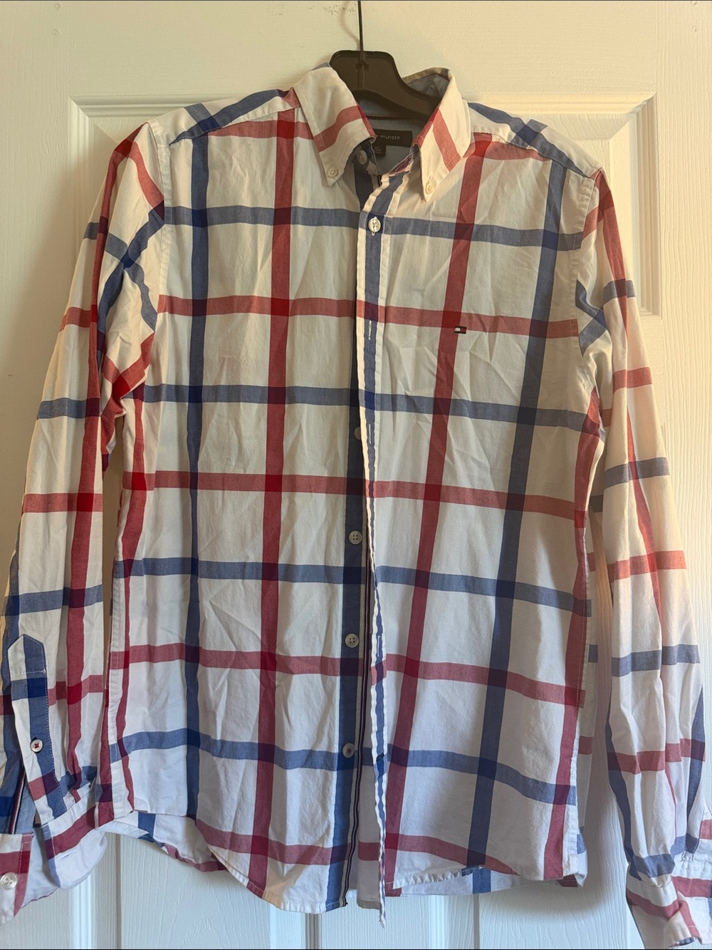 Tommy Hilfiger White Button-Down Shirt with Red & Blue Plaid